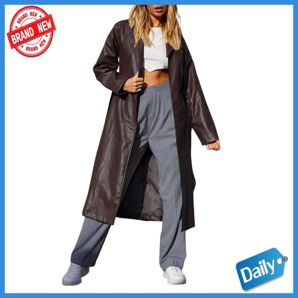 Faux Leather Trench Coat with Belt, Long Sleeve, Open Front, Size XS-XXL